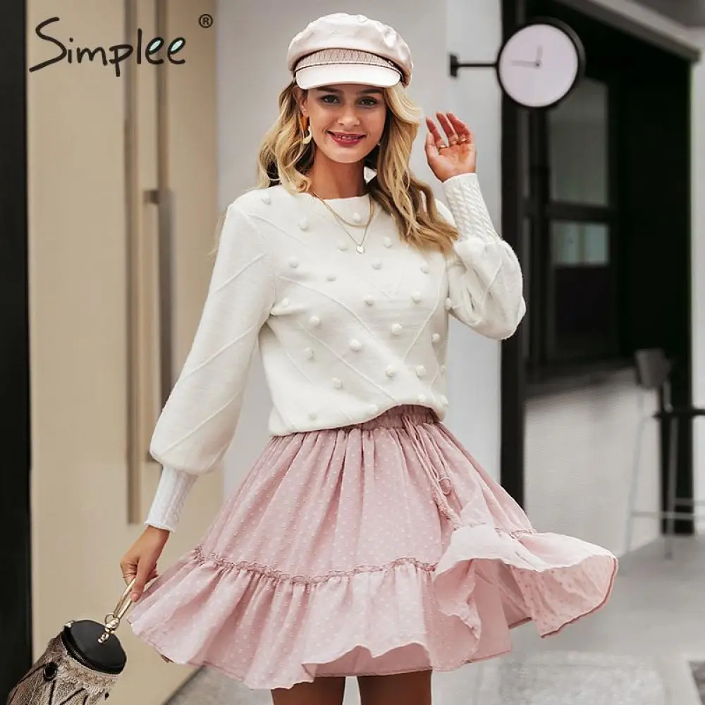 Simplee Elegant fur pompon women sweater Autumn winter lantern sleeve knitted female Streetwear ladies pullover jumper | Женская одежда