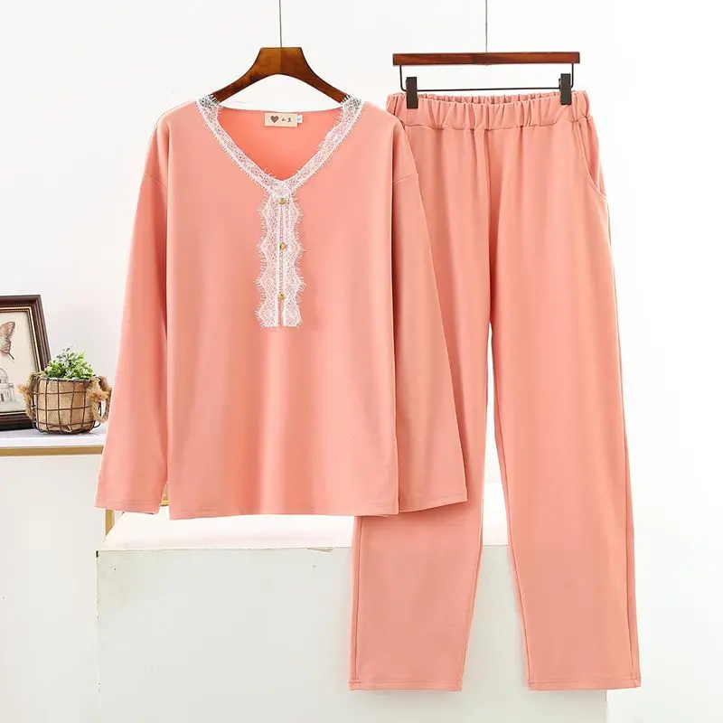 

Lace Pajamas V-neck Long Sleeve Sleepwear Straight Pants 2-piece Sanding Thickened Housewear Set Autumn Winter Pijamas Feminino