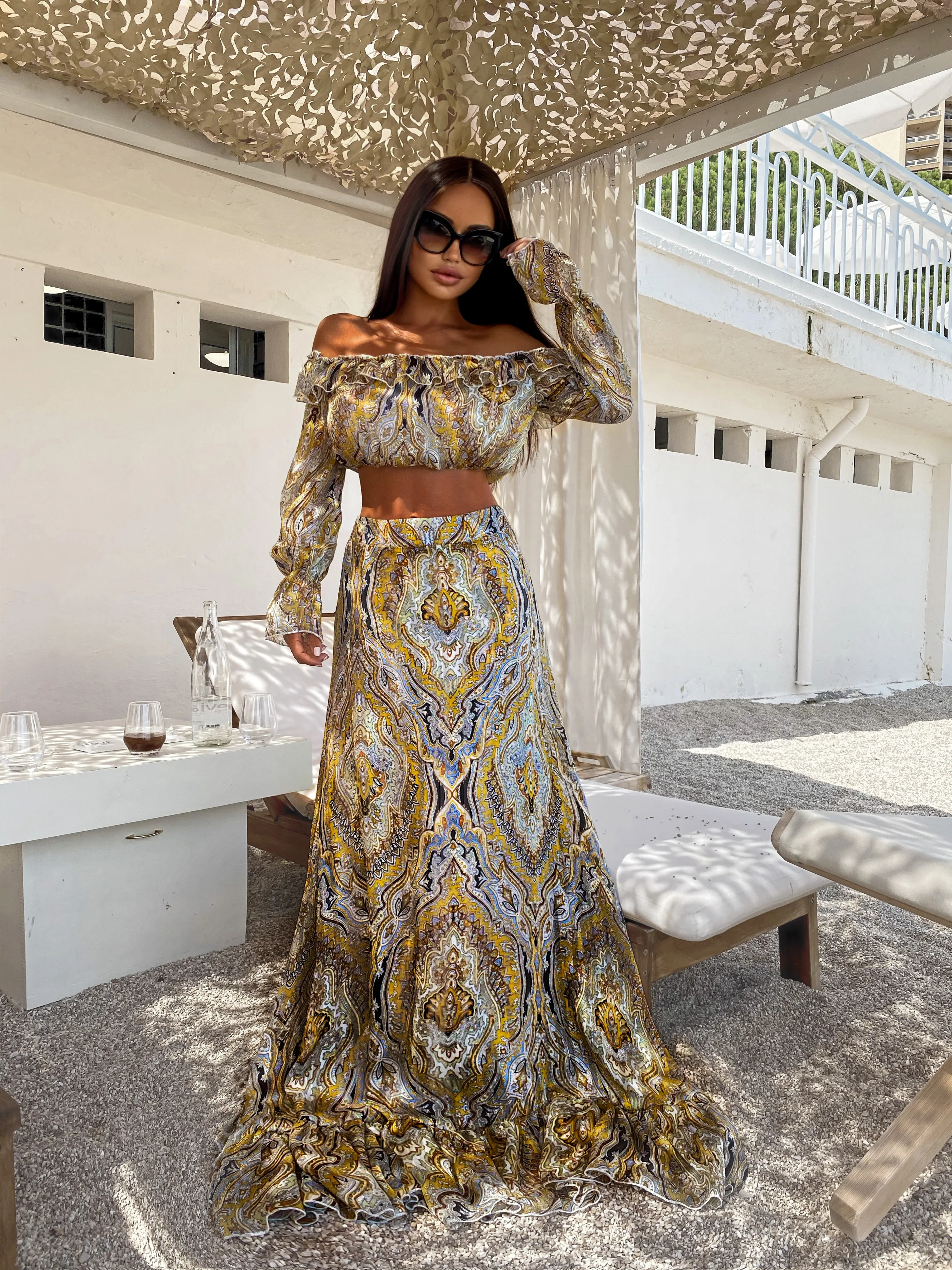 Шифоновый комплект KeyCouture из двух предметов с принтом укороченный топ рафии и