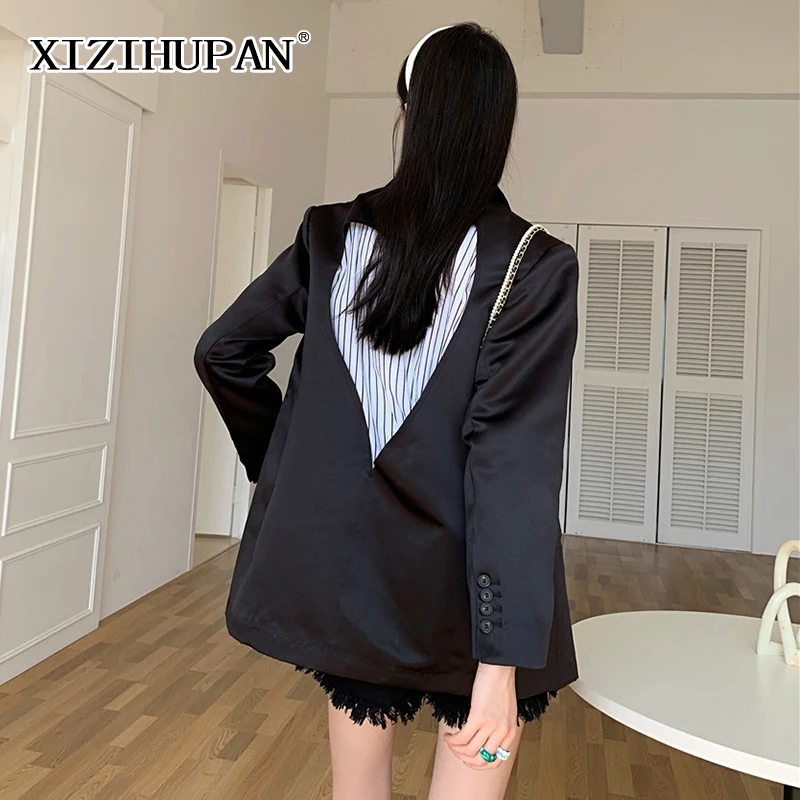 

XIZIHUPAN Minimalist Black Cut Out Female Blazer Notched Long Sleeve Korean Fashion Straight Women's Autumn Coat 2021 Clothing