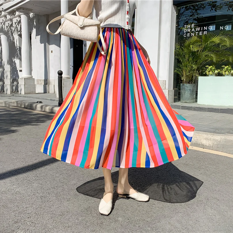 

2021 Summer New-Coming Women Skirts Rainbow Striped A-line Mid-Calf Skirts High Street European Style High Quality Skirts