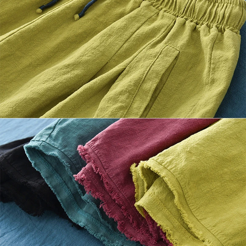 

NINI WONDERLAND 2021 Summer Cotton Linen Vintage Retro Shorts Women Elastic Waist Solid Color Casual Loose Short Pants Mori Girl
