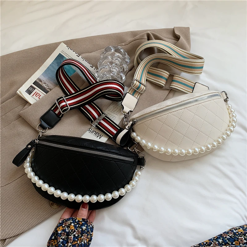 

Burminsa Wide Strap Quilted Chest Bags For Women Unqiue Design Pearl Ladies Crossbody Bags Female Waist Pack 2021 Beige Black