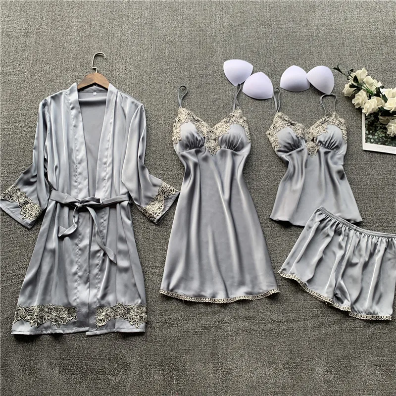 

2020 Summer New 4 Pcs Set Women Pyjama Satin High Quality Lace Sexy Sleepwear With Chest Pad Pajamas