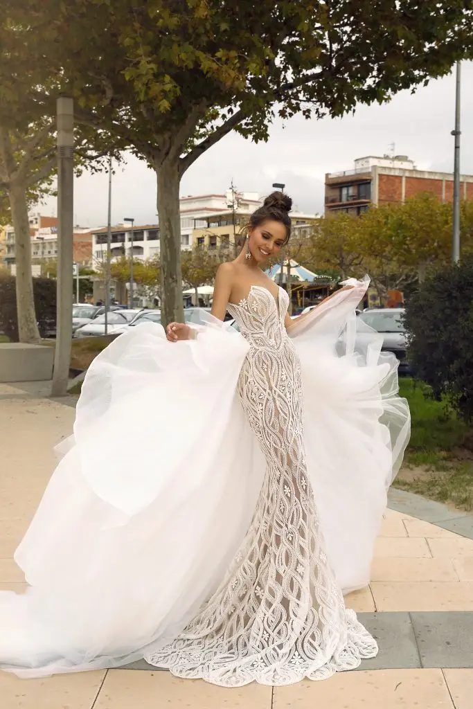 

Royal Elegance Sexy Heavy Beaded Vestido De Noiva Mermaid Illusion BodiceWedding Dress 2020 Detachable Train 2 In 1 Bridal Gowns