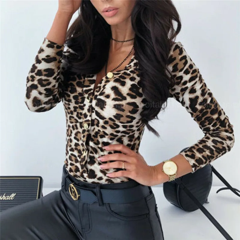 

Meihuida Women Sexy Deep V-Neck Long Sleeve Leopard Skin Prinetd Stretch Skinny Slim Thin Bodysuit