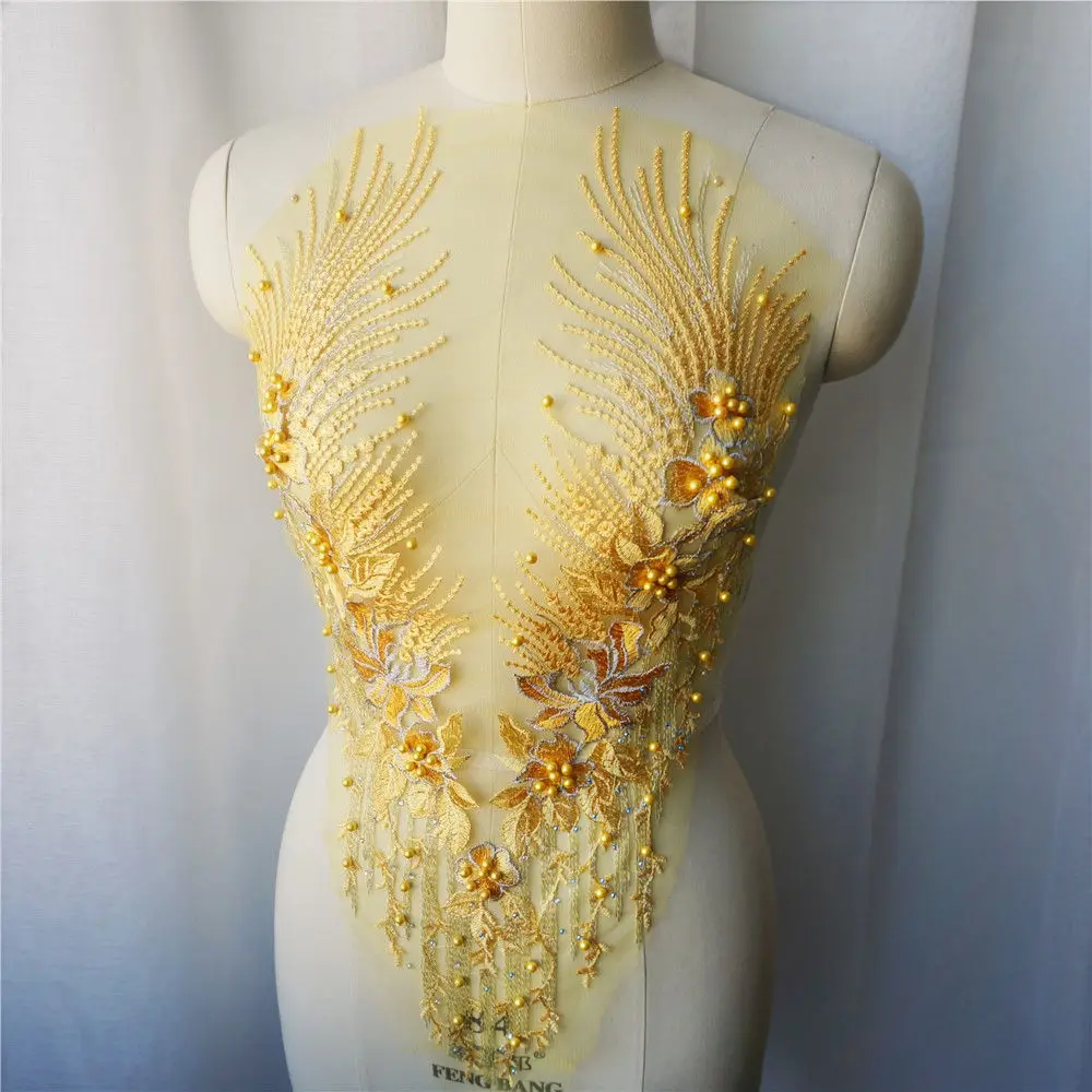 Желтая кружевная ткань цветок кисточки бусины стразы вышитые платья Аппликации