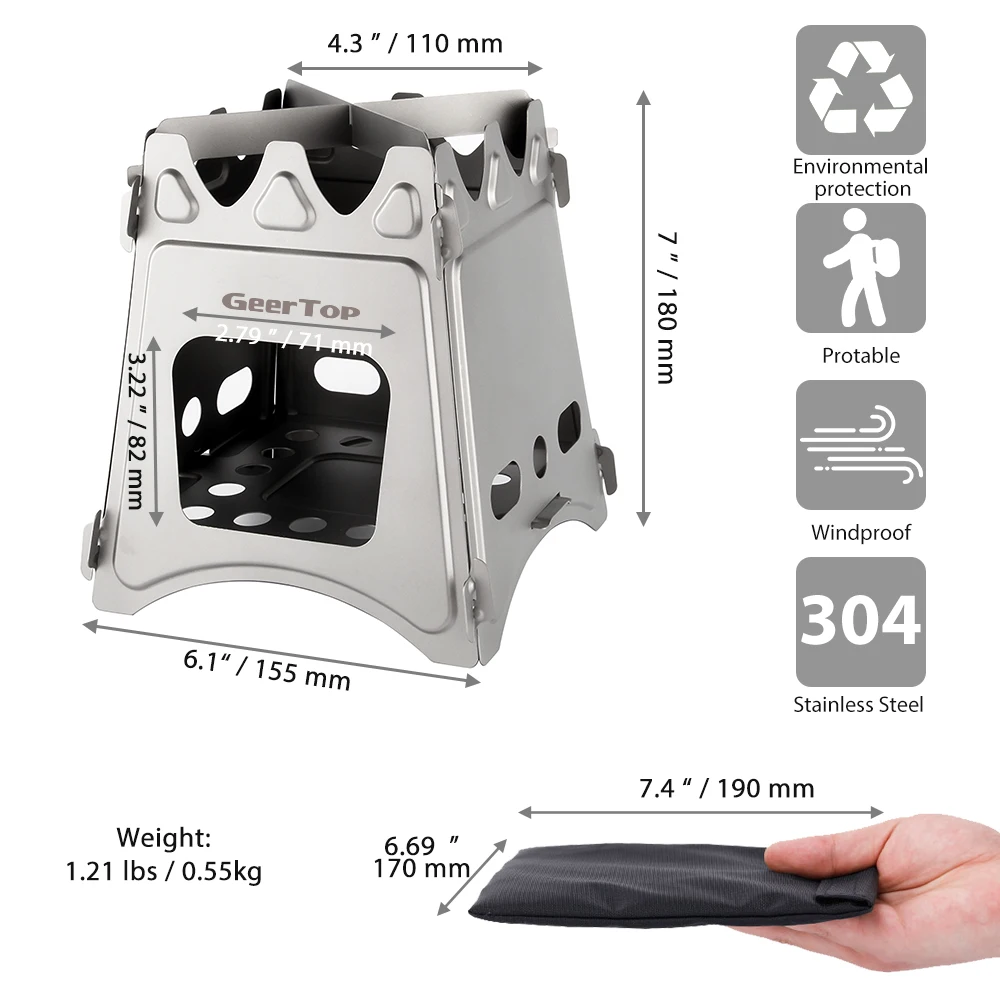 GeerTop Портативный Кемпинг дровяная плита Складная нержавеющая туристическая