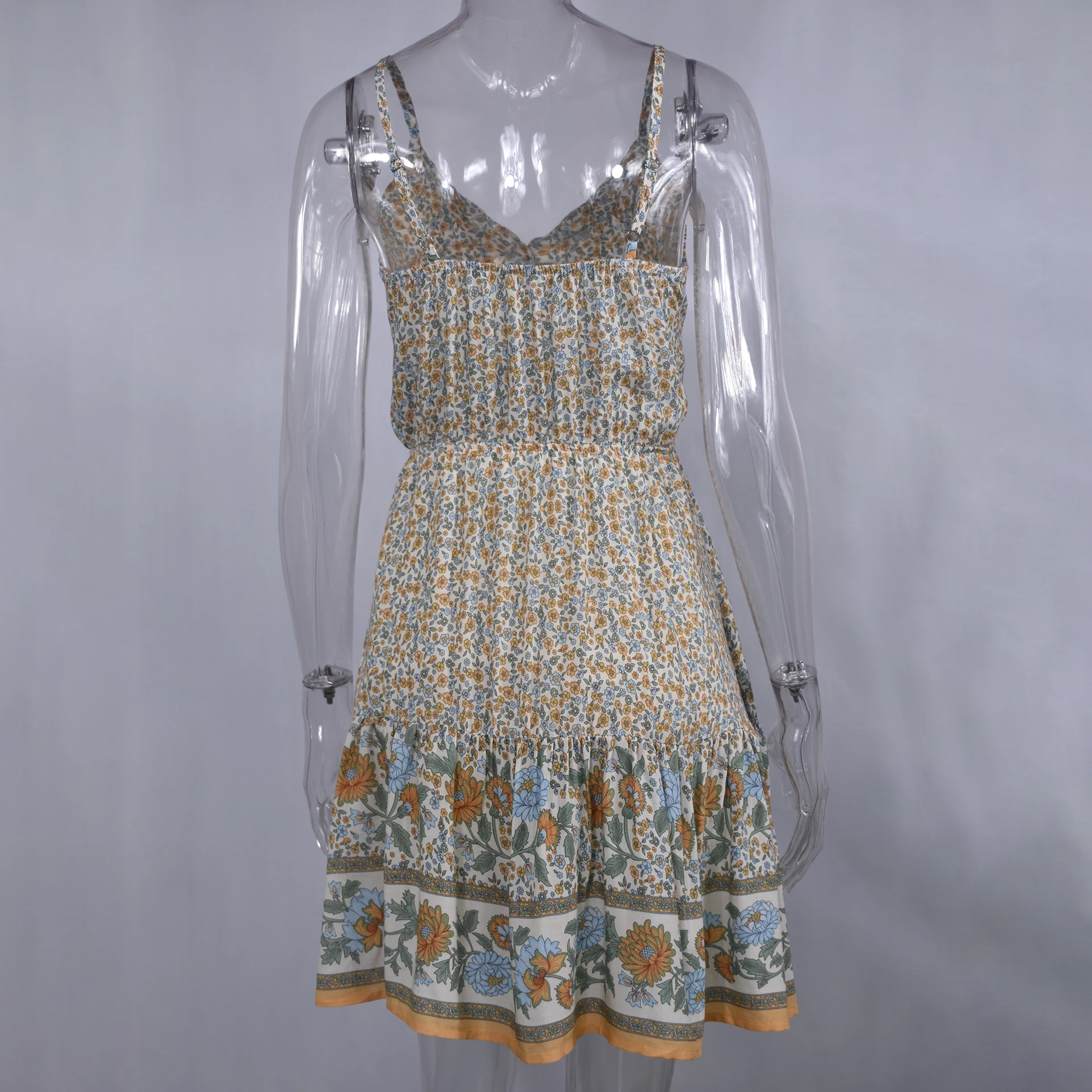 

Women Floral Summer Sexy Backless Slip Sundress Beach Mini Short Clothing Bohemian 2020 Yellow Spaghetti Strap Clothes Vestidos