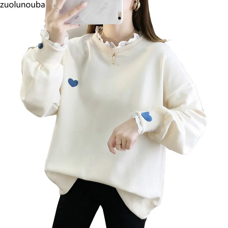 

2020 Fake Two-piece Lace Stitching Loose Slim Women Sweatshirt Round Neck Loose Mid-length Cartoon Print Casual Ladies Pullover