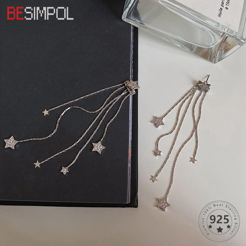 

Besimpol Real 925 Sterling Silver Star Drop Earrings Elegant Tassel Silver Earrings For Women Female Luxury Fine Jewelry Gifts
