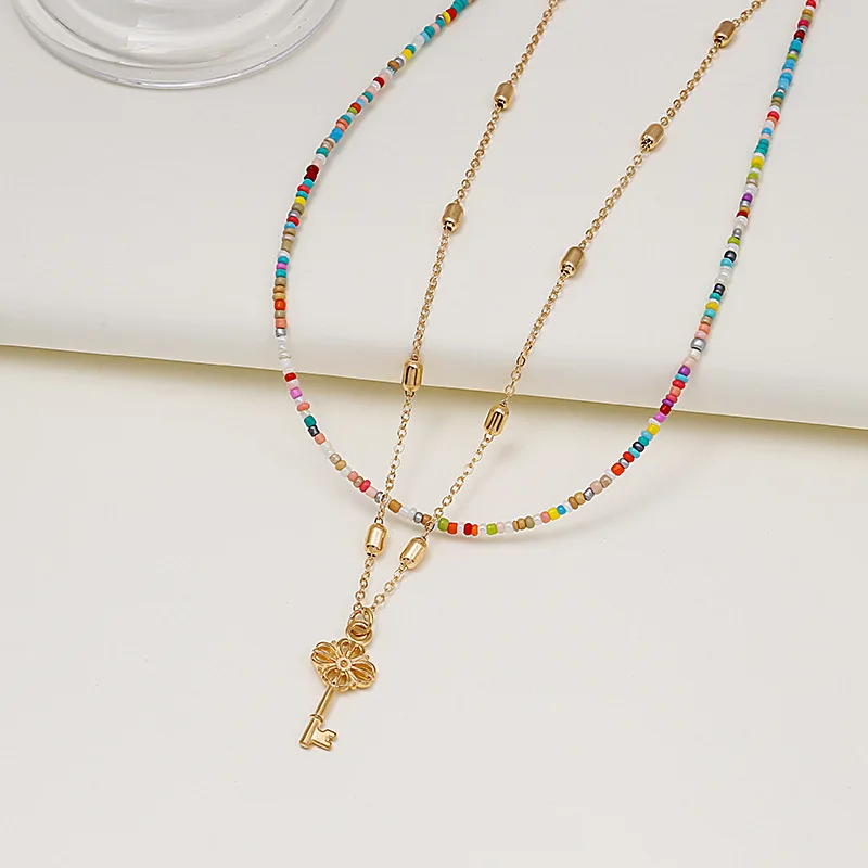 

Bohemian Long Shell Rice Bead Multi-layer Necklace Handmade Beaded with Golden Key Necklace Jewelry Wholesale Necklace