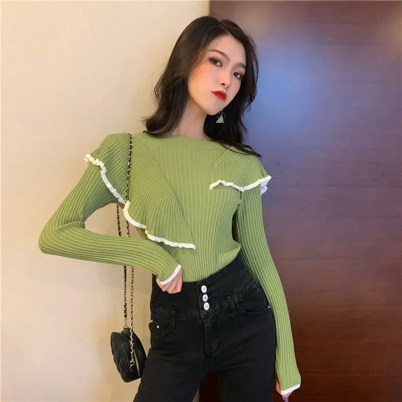

Sweater Womens Autumn Slim Elegant Ladies Pullovers Ruffles Sweet Leisure Tops All-match Ulzzang Streetwear Chic Female Clothing