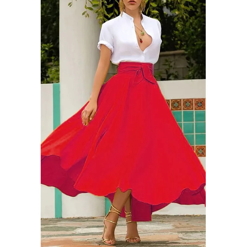 

Women Solid Color High Waist Belt Maxi Skirt Pocket Back Zip Skirt AM1354
