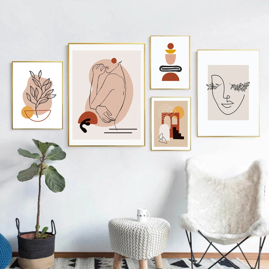 Геометрическая абстрактная линия растений листья девушка настенная Картина на