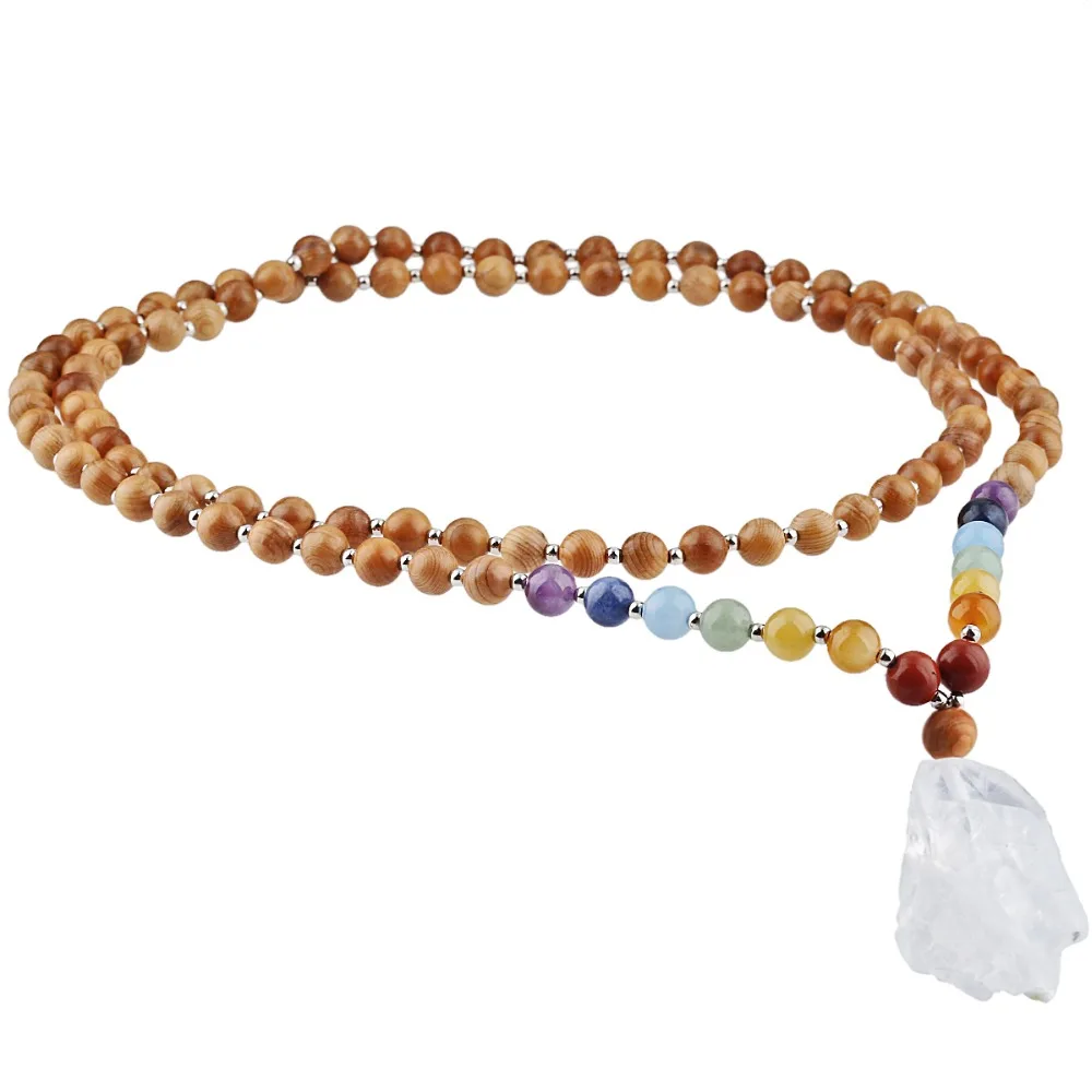 

SUNYIK 8mm 7 Chakra Stone Mala Necklace Irregular Amethyst Pendant Yew Wood Beads Loose Spacer Beads Women Necklace