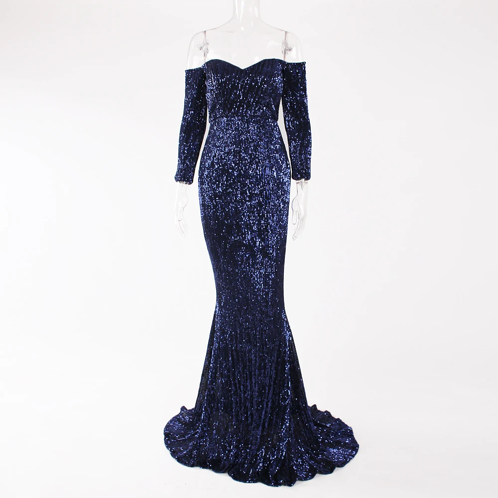 Navy Blue Темно-синее длинное блестящее вечернее платье в пол с блестками, эластичное облегающее платье с подкладкой, зеленое Золотое черное платье с длинными рукавами - Цвет: Navy Blue