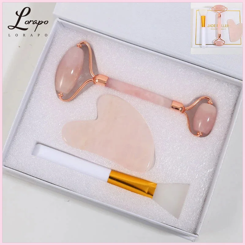 

Natural Rose Quartz Roller Facial Massager Face-lift Skin Care Jade Roller Jade Scraping Mask Brush Three-piece Skin Care Set