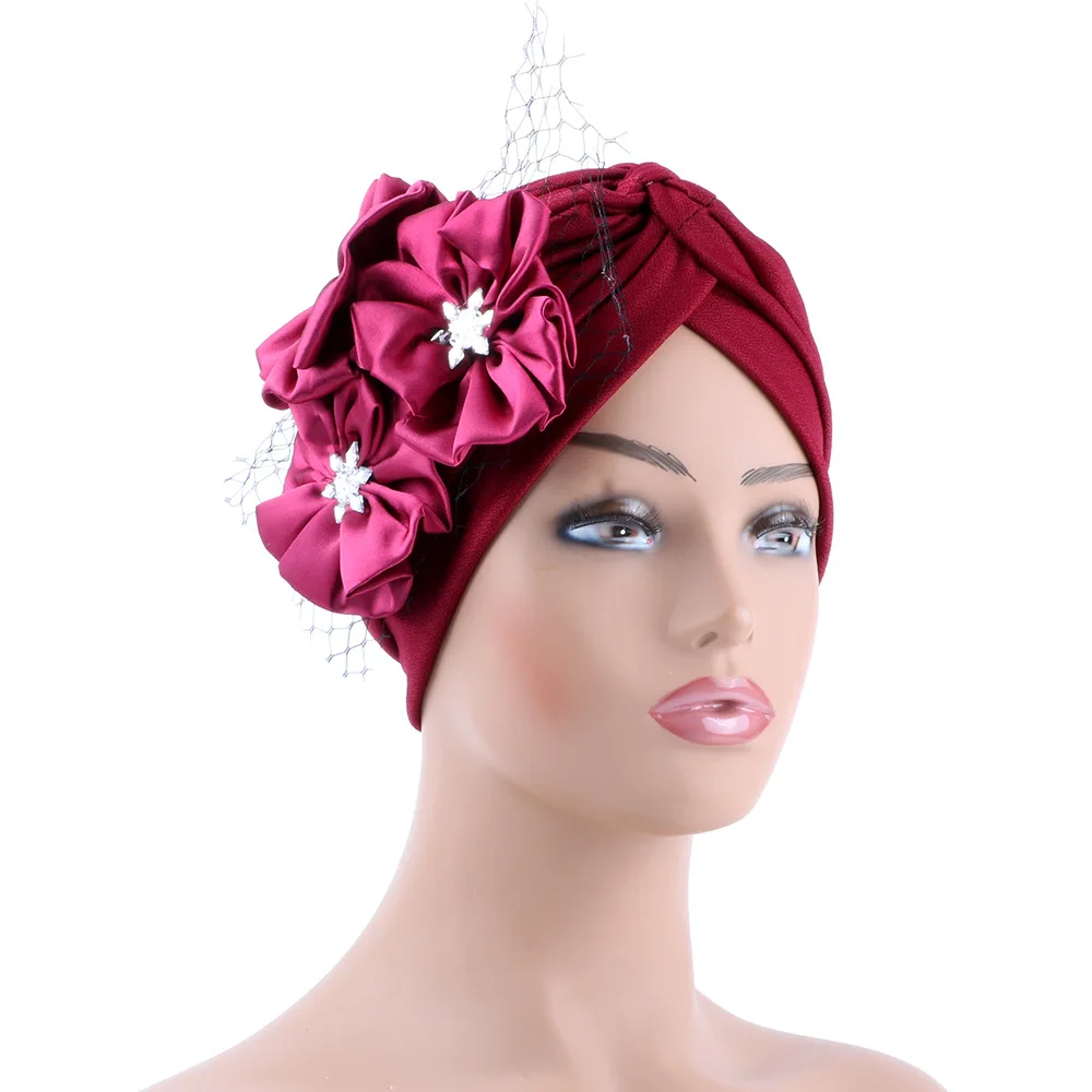 

2021 Feather Flower Turban Hat For Women Female Headwrap Ready To Wear Hijab Caps Muslim Headscarf Bonnet Turbante Mujer