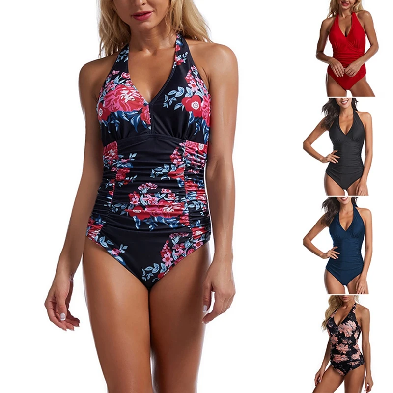

Women's Halter Sexy Deep V Pleated Triple-Cornered One-Piece Swimsuit