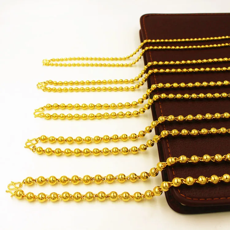 Цвет чистого золота шары бусы цепочка Ожерелье для мужчин/женщин, горячее покрытие 24k золото 4 мм 5 мм 6 мм 7 мм 8 мм 10 мм Свадебная цепочка Ожерелье