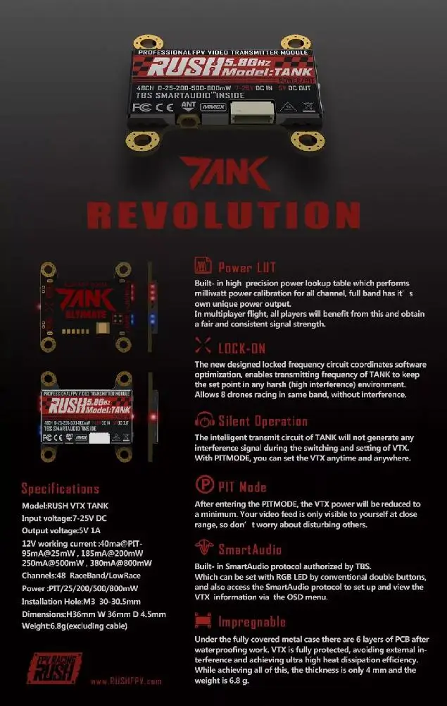 

RUSH VTX TANK KSX3569 5.8G 48CH Smart Audio 0-25-200-500-800mW Switchable AV Transmitter for RC Drone