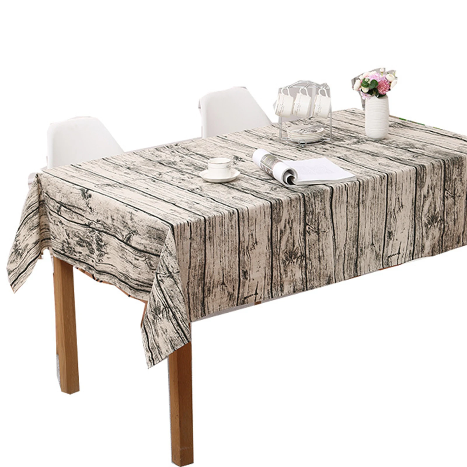 

Rectangular Cotton Linen Tablecloth Vintage Imitation Wood Grain, Table Cloth