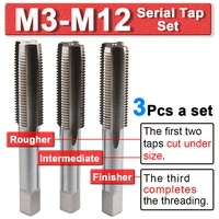 3 pieces set hss metric serial tap sets m3 m4 m5 m6 m8 m10 m12 right hand thread cutter machine taps high speed steel tap drill