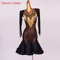latin dance dress diamond v neck mesh skirt long sleeve performance clothes high end custom adult child competition clothing