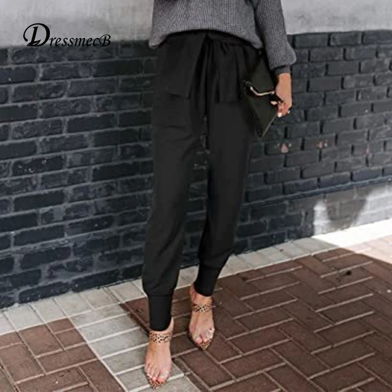 

Dressmecb однотонные черные брюки-карандаш, женская одежда, уличная одежда с бантом, женские повседневные брюки с карманами, длинные осенние брю...