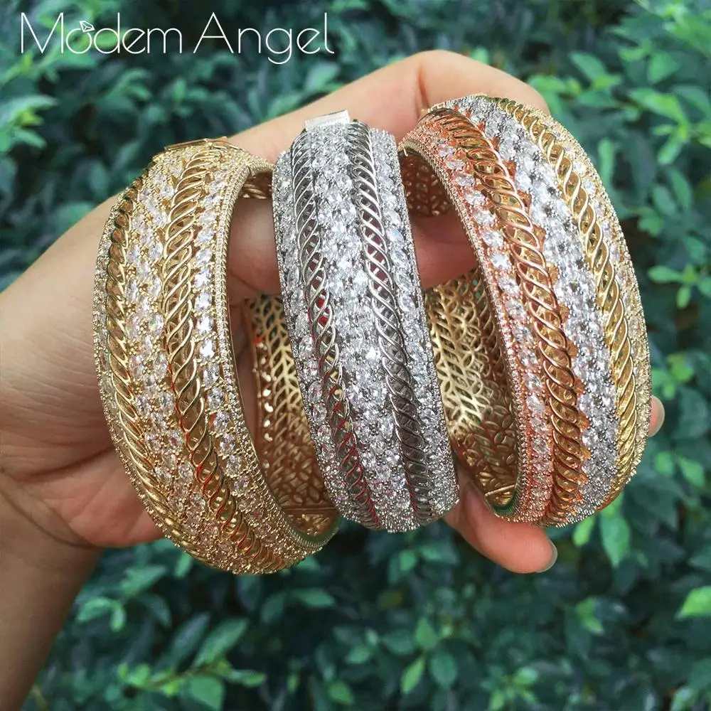 Luxury Cubic Zirconia Three Color Gold White Women Wedding Party Bangle Bracelet and Rings Sets Bridal Costume Jewelry