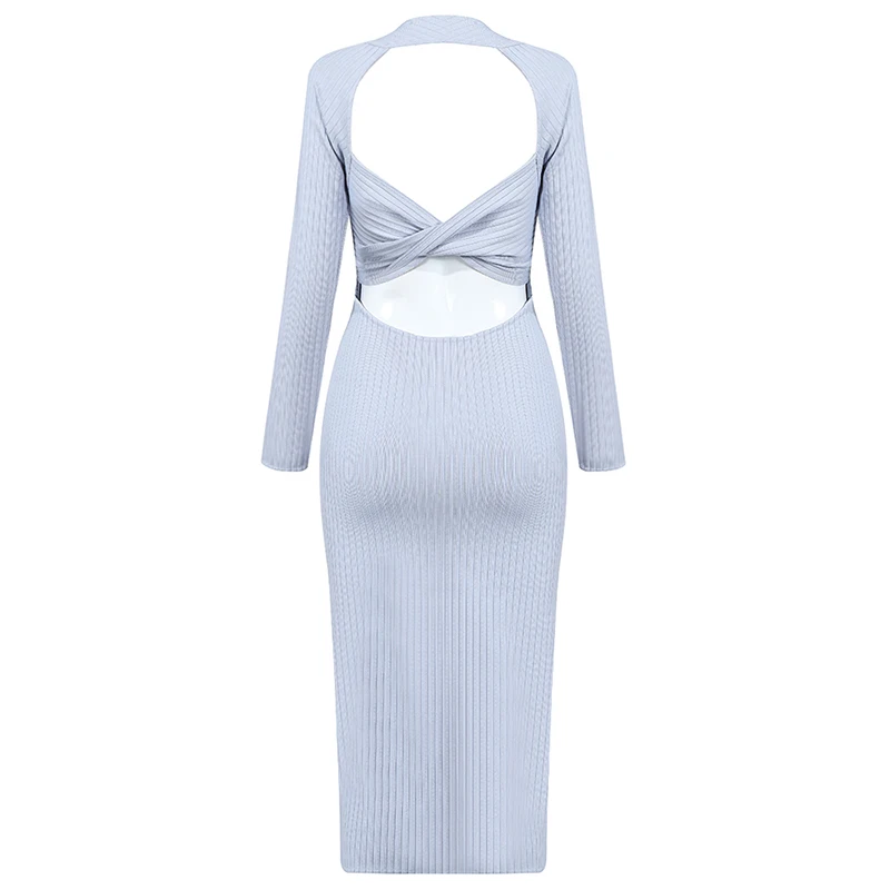 

INDRESSME 2019 New Women O Neck Hollow Out Long Sleeve Vestido Reversible Stripe Rib Twist Sheath Midi Bandage Dress Fall Winter