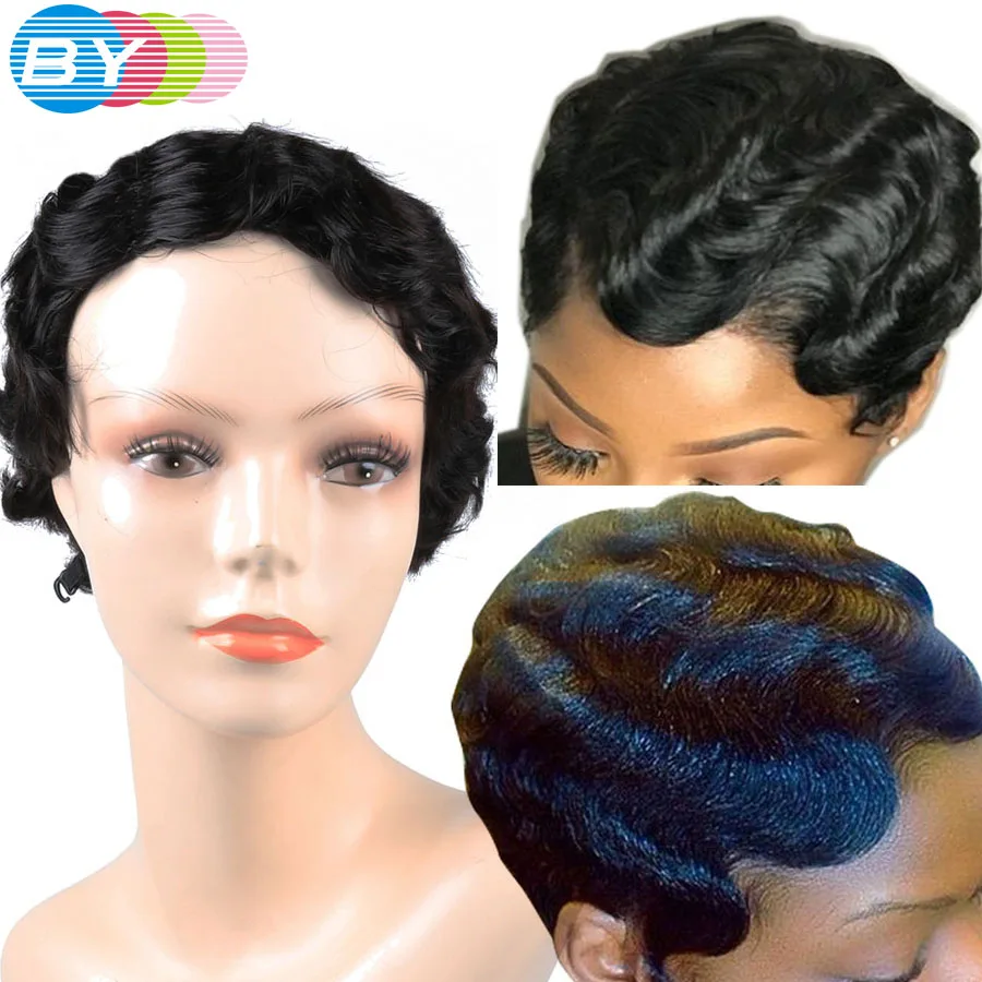 Бразильский парик из Пикси с волнистыми волнами Короткие парики человеческих