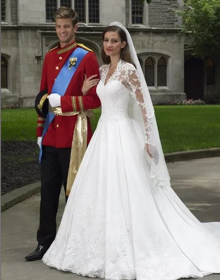 

Elegant A-line Wedding Dress kate V-neck illusion High back stand-up collar Cotton lace cathedral train peplum Buttons zipper