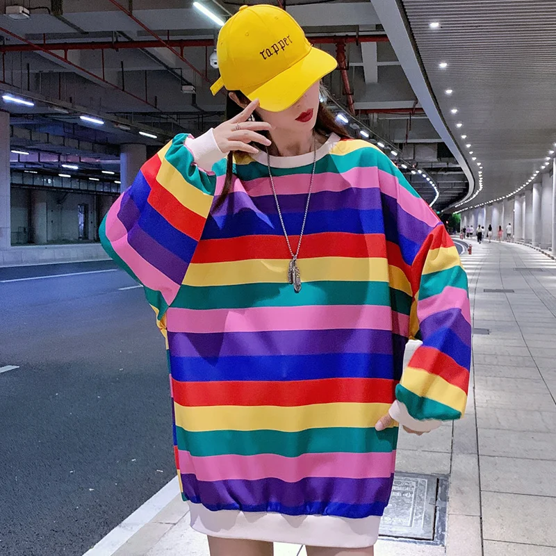 

autumn new ladies pullover sweatshirt long sleeve rainbow color ladies t-shirt, loose striped Korean version sweatshirt woman