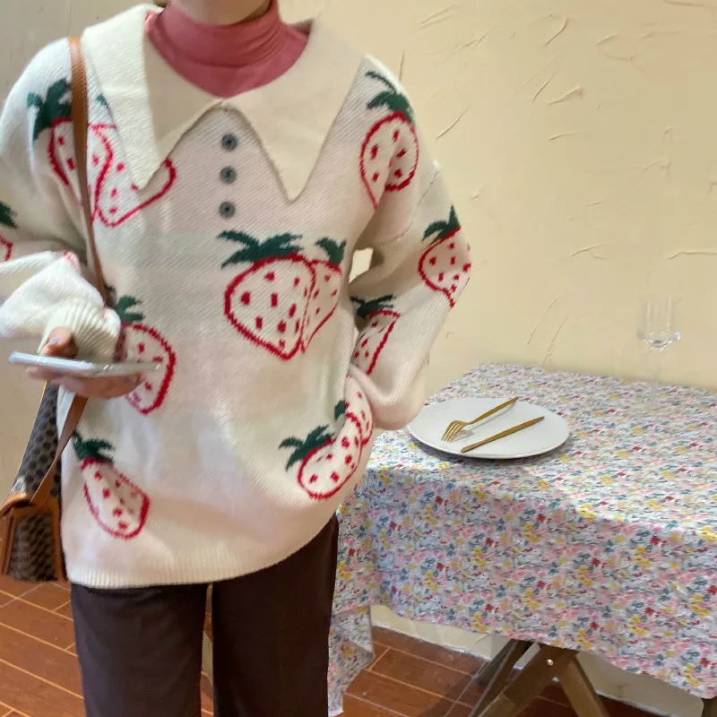 Женский Длинный свитер с принтом клубники теплый вязаный пуловер свободного