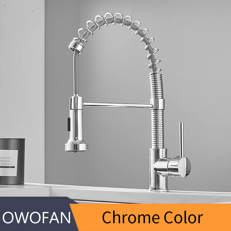 Chrome OWOFAN Современная полированная черная латунная кухонная раковина кран Выдвижная Одиночная Вращающаяся ручка Носик сосуд Раковина Смеситель кран N22-206 - Цвет: Chrome