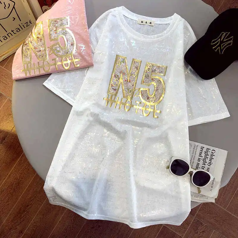 

Flash Letter Women T-shirt Spring Very Thin Short Sleeve T-shirt Ladies Gold Letter Casual Long Top Kawaii Graphic Tshirt Shirts