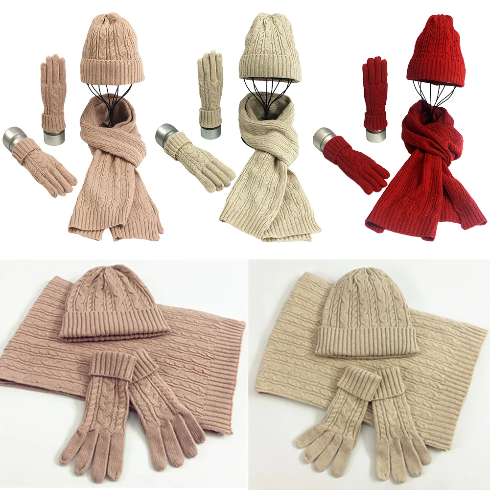 

Women Windproof Skiing Casual Outdoor Sports Elastic Cable Knit Fashion Soft Warm Winter Hat Scarf Gloves Set Gift Thick Thermal