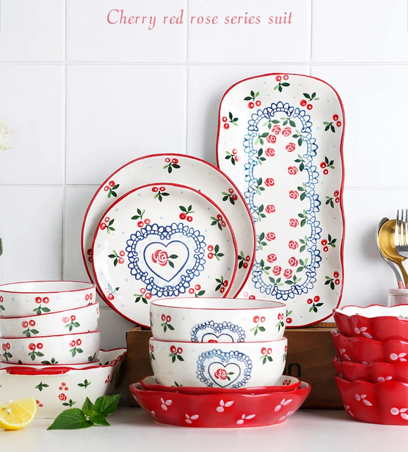 Cherry Ceramic Plate Salad Fruit Bowl Dessert Snack Japanese Dishes Rice Noodles Dinnerware Dish Flower Kitchen Plates | Дом и сад