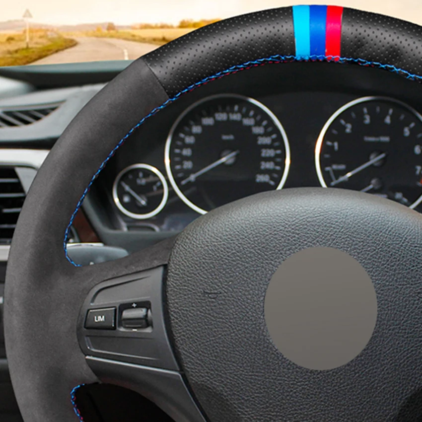 

LQTENLEO Car Steering Wheel Cover Black Leather Suede For BMW F20 F21 F22 F23 118i 120i 125i 120d 218i 228i 420i 430i 435i 428i
