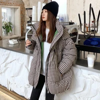 winter loose korean women plaid down parka and jacket bread bat sleeved oversized coats with hooded clothes