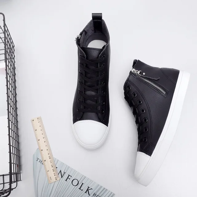 Black White Мужские кроссовки; Новинка года; сезон осень; кожаная мужская повседневная обувь; белая модная мужская обувь на молнии; высокая обувь на плоской подошве; Zapatos de hombre - Color: Black White