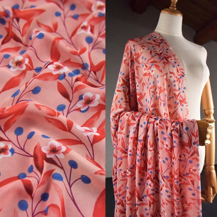 

Summer hot new high-end deep pink flower blue berry printed chiffon cheongsam girls clothing fabric thin soft sewing by yard