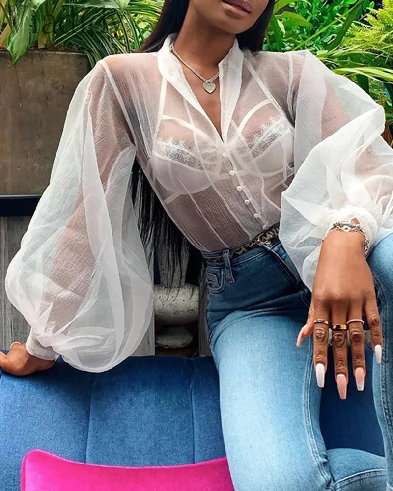 

Women Sexy Solid Color Button Design Lantern Sleeve See Through Blouse