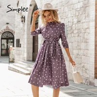 simplee elegant a line polka dot women dress autumn office lady o neck belt women midi dresses half sleeve female purple vestido