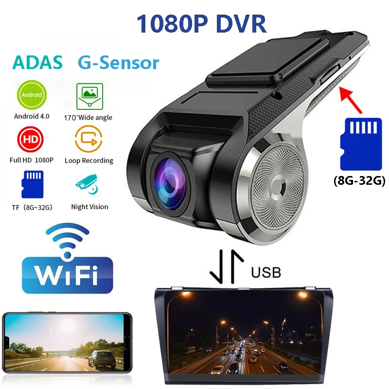 

HD USB+Wifi Car Dash DVR Record Front Camera Video 170Â° Auto Recorder For Android Radio Multimedia Player Surveillance ADAS