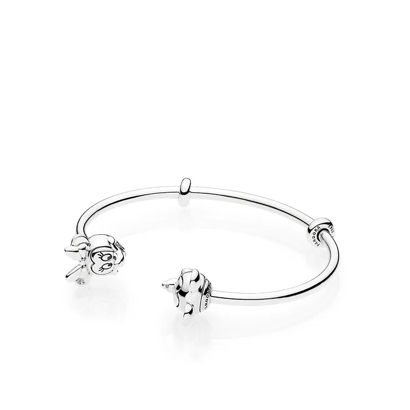 

925 Sterling Silver Fit Original Pan Moments Mickey Minne Bangles Set Open Bracelet For Women DIY Charm Beads Jewelry Gift