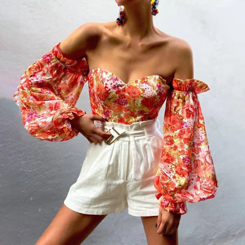 

Sexy Off Shoulder Ruffles Summer Crop Top Fashion Women Holiday Beach Shirt Vintage Leaf Printed Elegant 2021 Female Blouse