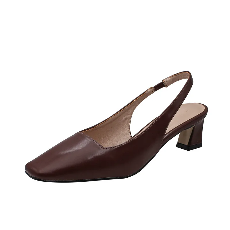 

Low Sandals Woman Leather Shoes Closed Toe Summer Heels Shallow Mouth Suit Female Beige Low-heeled 2021 Girls Block Square Comfo